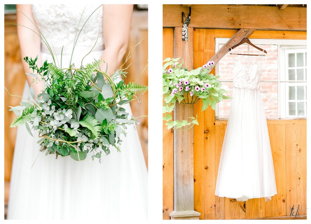 Full Greenery bridal bouquet without flowers and the wedding dress hanging at the Common Man Claremont Wedding