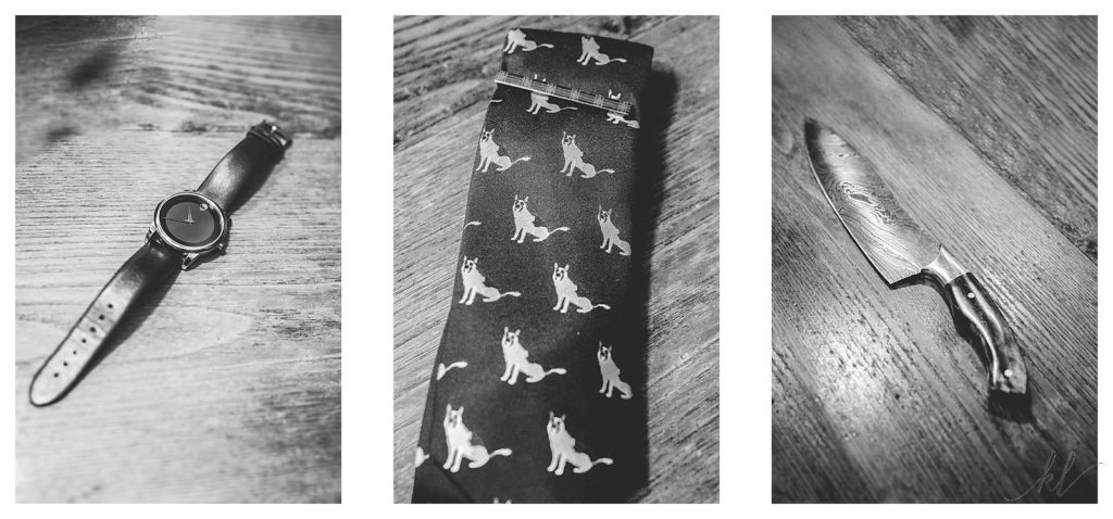 Black and White photos of a Grooms' Wedding day details. Custom Tie with german shepherds on it. 