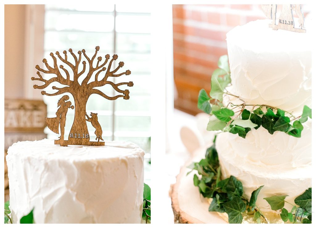Custom Wooden tree cake topper on a white wedding cake with Ivy accents