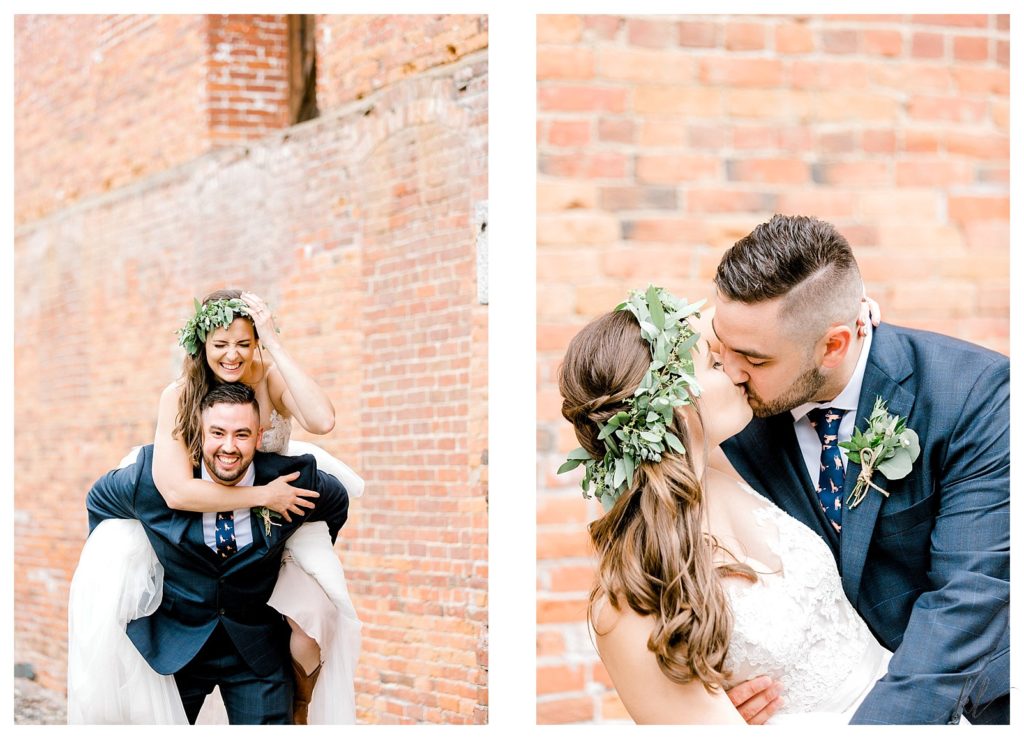 Fun and Candid moments of a bride and groom in front of a red brick wall at the Common Man in Claremont. 