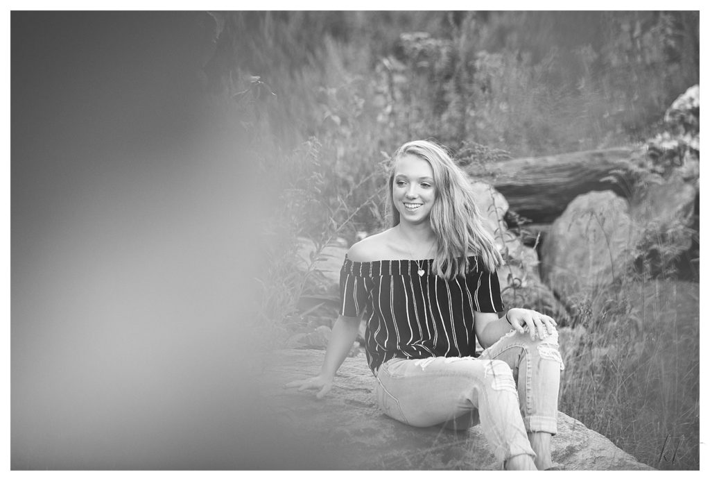 Black and White photo of a high school senior girl during her Senior Photo Session in West Chesterfield NH.