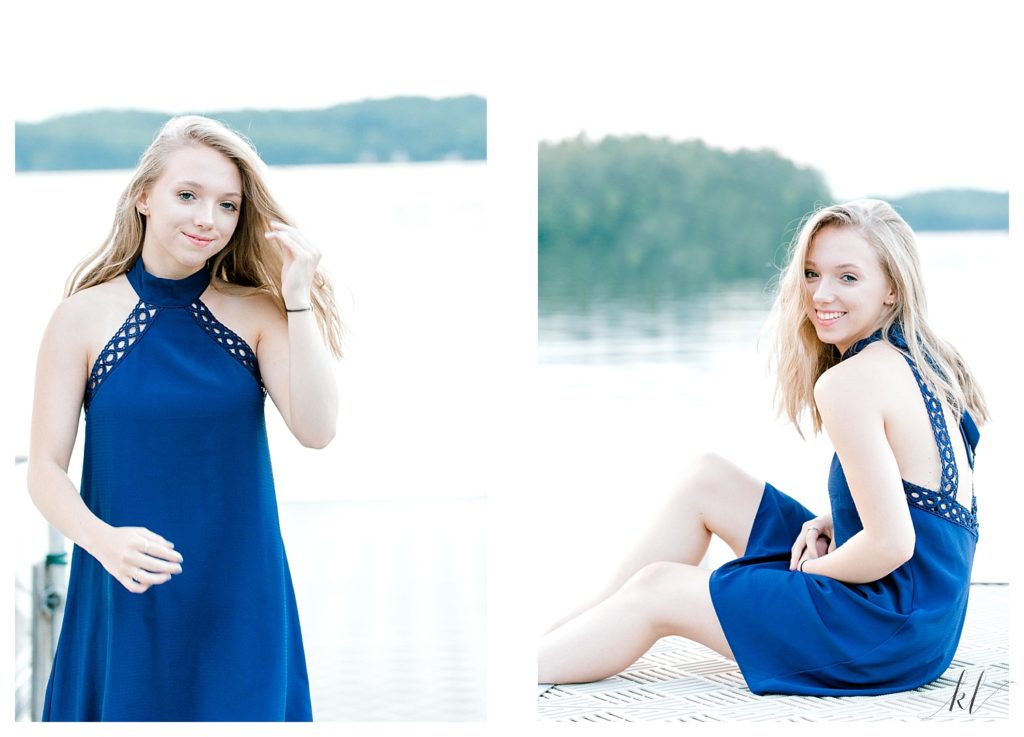 Senior portraits of a girl wearing a blue dress near Spofford Lake. 