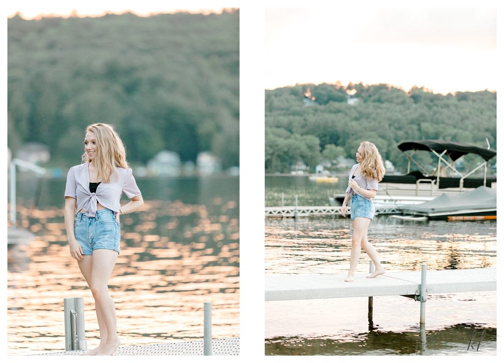 Candid photos taken of a high school senior girl on a dock at Spofford Lake in NH. 