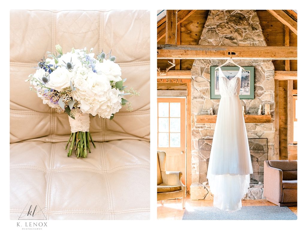 White hydrangea bridal bouquet with touches of blue shown with the wedding dress. Image by K. Lenox Photo