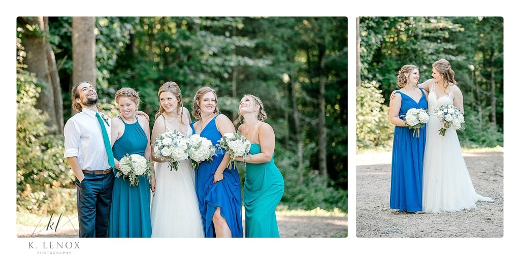 Bride and her bridesmaids wearing various shades of blue dresses pose for a goofy portrait. 