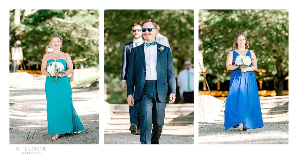 Groom and bridesmaids walk down the aisle for a camp wedding in NH