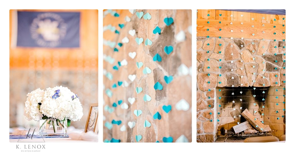 Wedding Reception Detail photos showing hydrangea centerpiece and little cut hearts. 