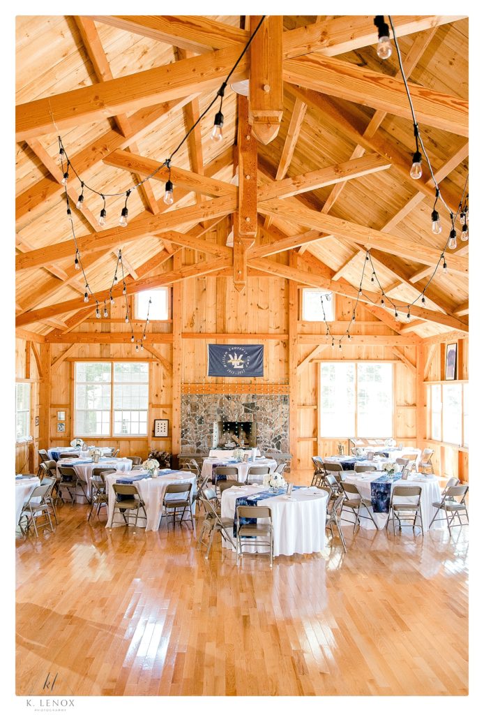 The Centennial Lodge at William Lawrence Camp set up for the wedding reception of a camp Alumni 