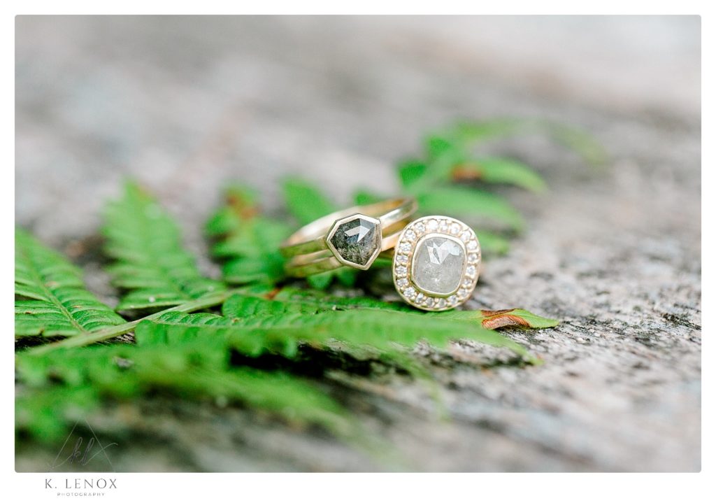 Custom designed engagement rings with funky stones and gold bands. 