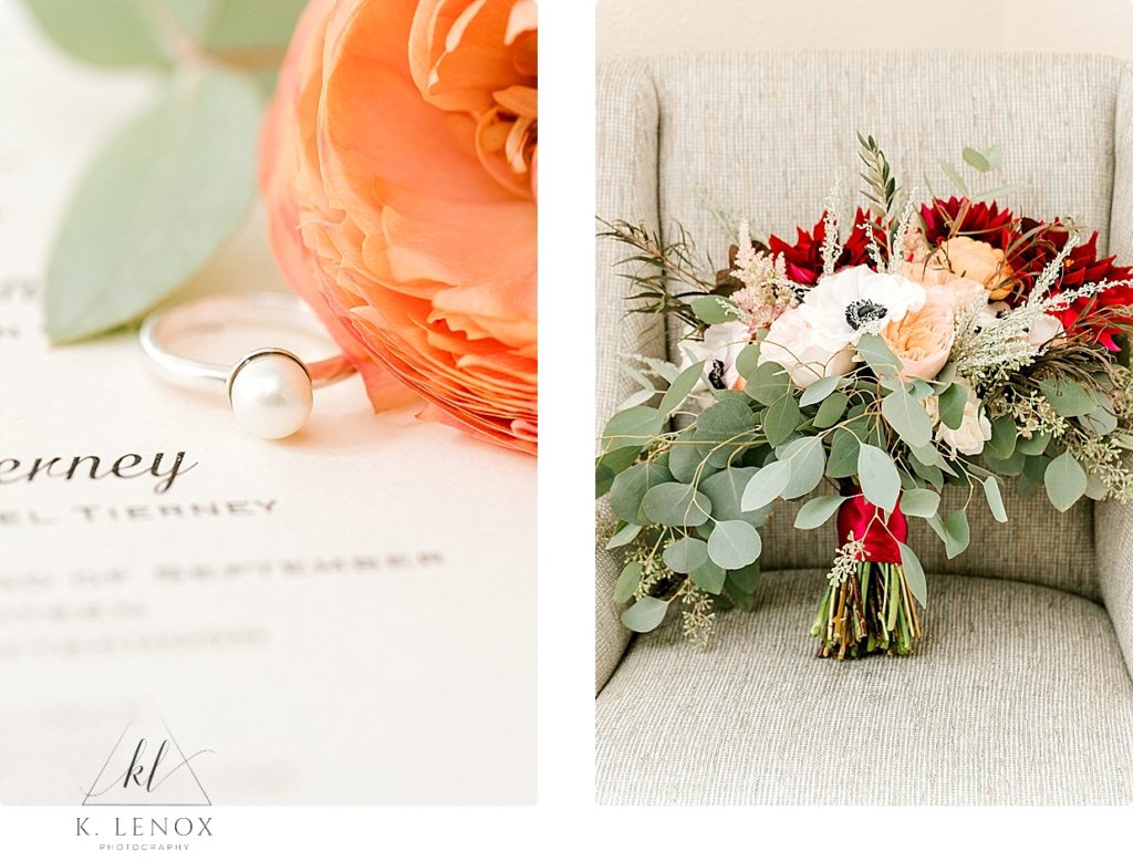 Pearl and White gold ring shown with an orange flower and a fall bridal bouquet. 