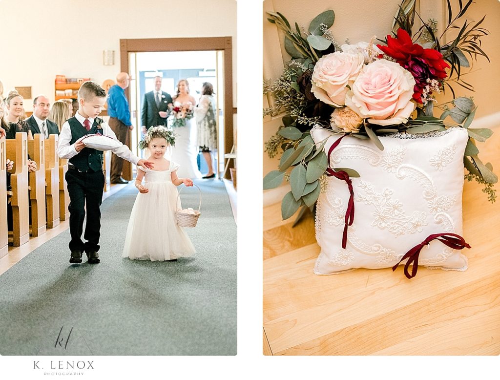 Flower Girl and Ring bearer walk down the aisle at St. Matthews Church in Whitefield NH. 