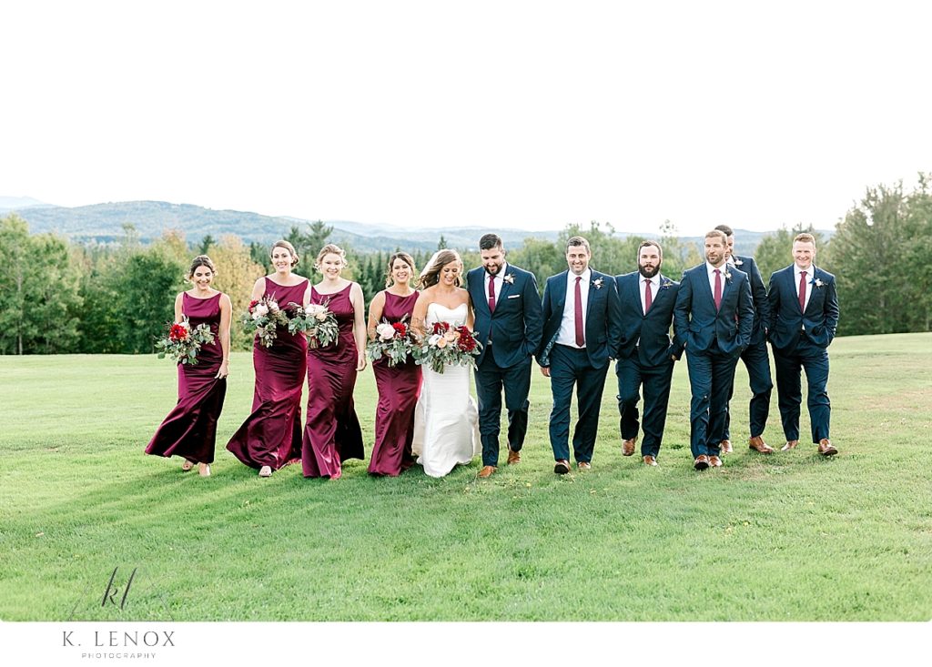 Entire Wedding Party waking in the field in front of the Mountain View Grand on a Fall wedding day. 