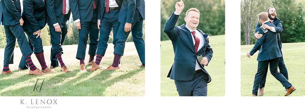 Silly and Candid photo of groomsmen being silly and showing their socks. 