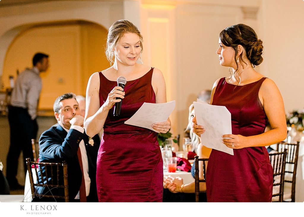 Bridesmaids wearing simple maroon dresses give toast at Fall Wedding Reception at the Mountain View Grand. 