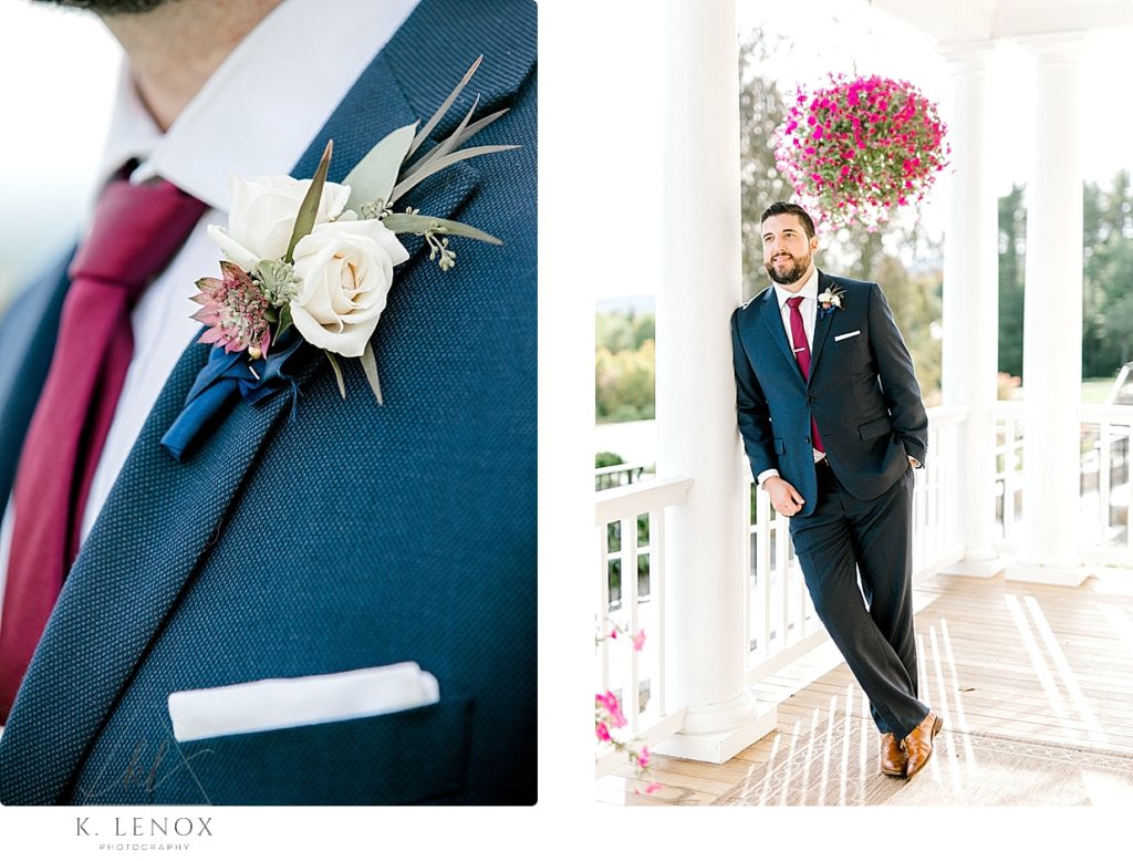 Groom wearing a blue suit and maroon tie poses for a portrait for his Fall Wedding at the Mountain View Grand. 