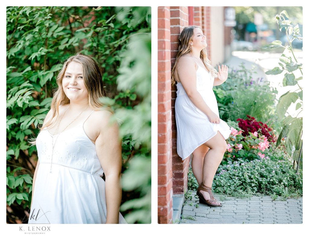 High school senior portraits of a pretty girl wearing a white summer dress. 