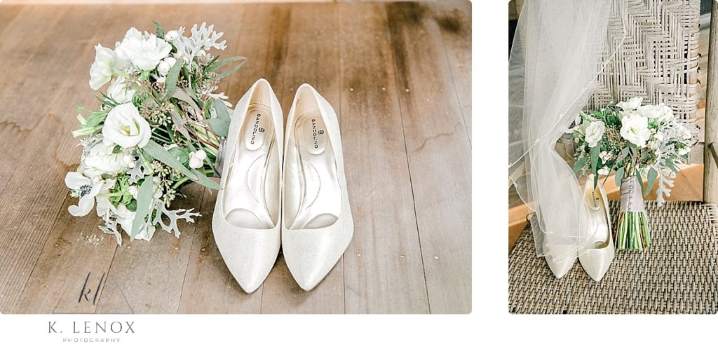 Rustic Wedding detail shots showing white heels and the white bridal bouquet with green accents. 