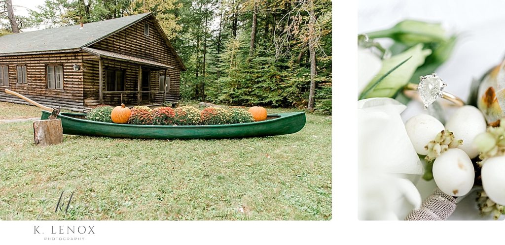 Private lake house/log cabin with a green canoe filled with seasonal Mums. Diamond pear shaped engagement ring. 