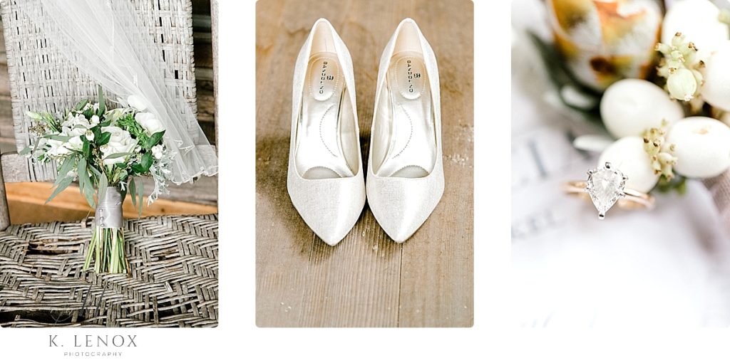 Rustic Wedding Detail photos showing white shoes, White bridal bouquet and the engagement ring. 