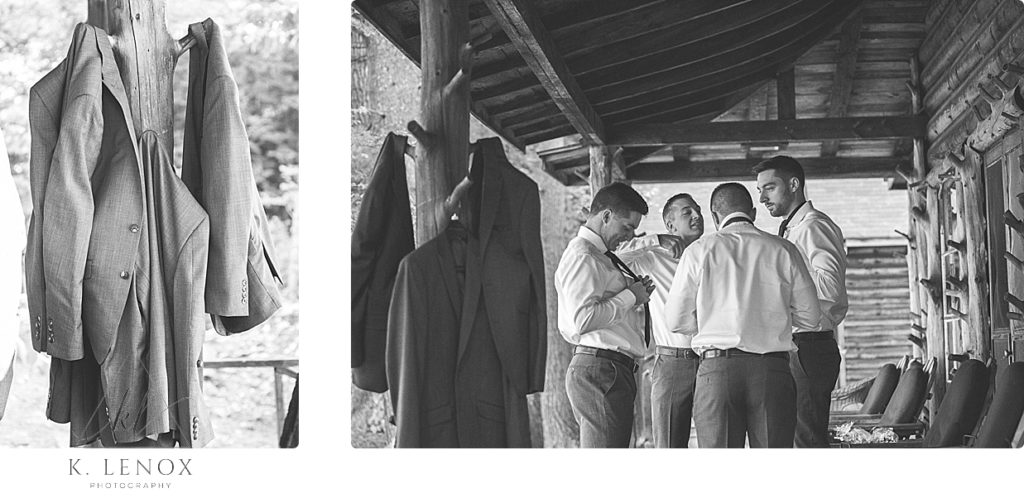 Black and white photos showing a candid view of 4 men getting tying their ties on the porch of a rustic lakeside cabin. 