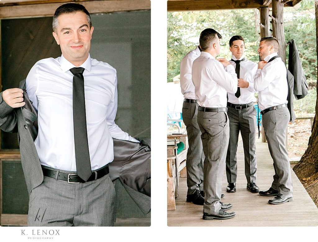 A groom and his men get ready on the porch of their rustic lakeside cabin. 