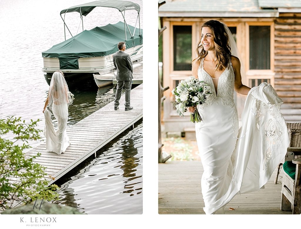 Bride and Groom share a first look on a dock at the lake. On their Wedding day at Camp Takodah. 