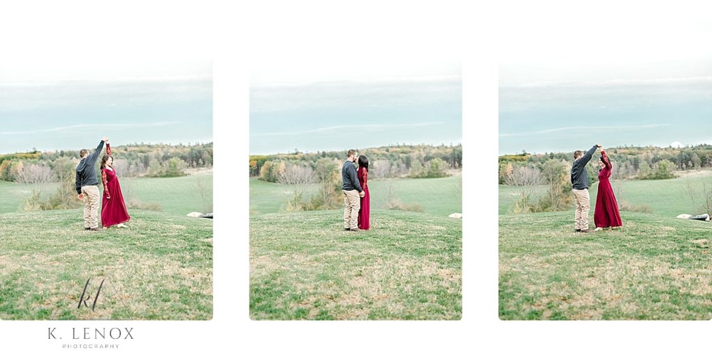 Man and Woman dance and twirl while on their engagement session at the Grand View Estate. Light and Airy photo with a candid feel. 