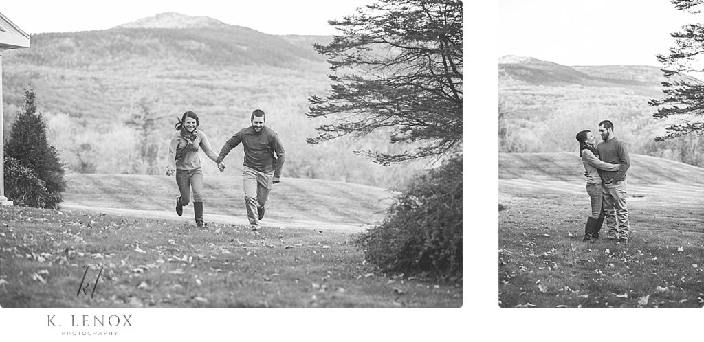 Black and white photo Engagement Session at the Grand View Estate- with view of Mount Monadnock in Jaffrey NH.