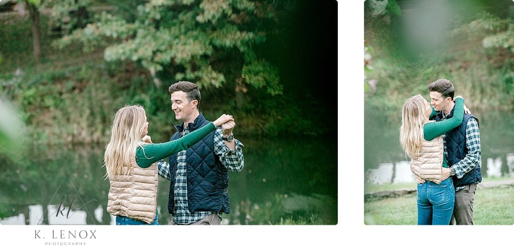 Woman wearing a green shirt with a Cream vest flirts with her fiance at their fall engagement session at Scott Farm. 