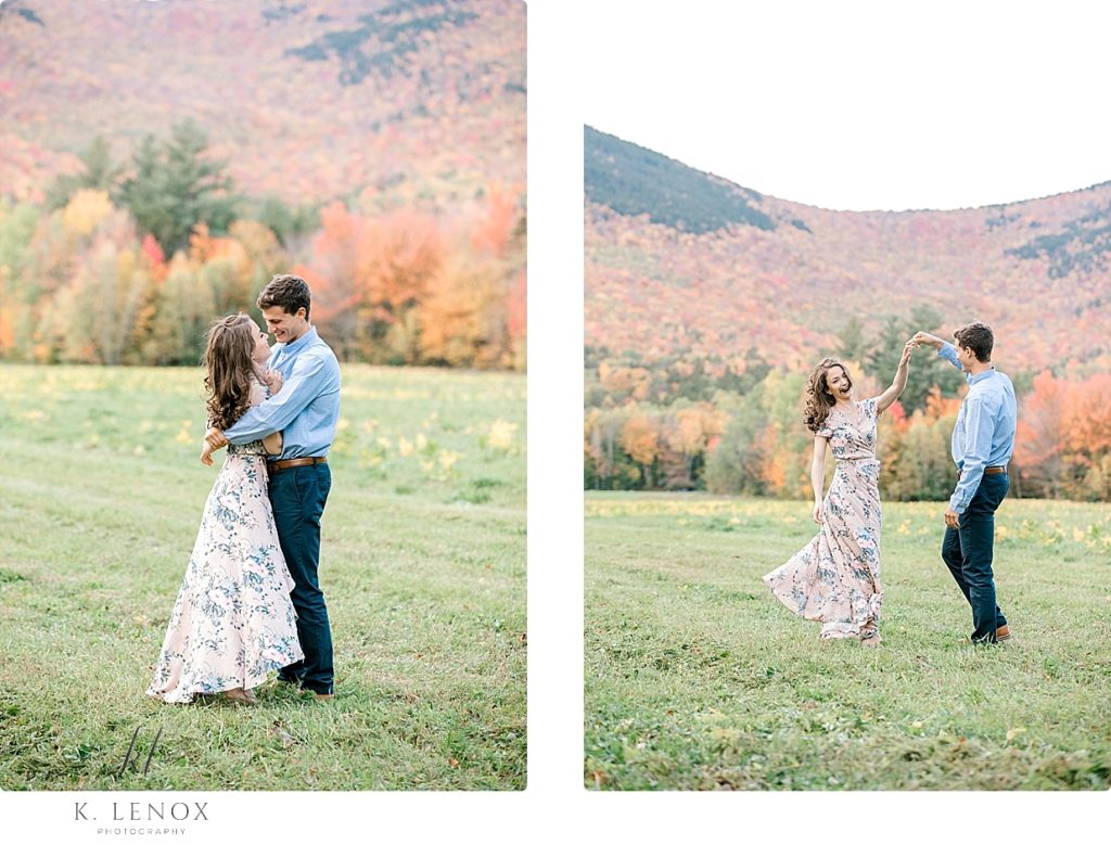 Light and Airy Engagement Photos in the White Mountains of NH- showing a man and woman dancing and hugging. 