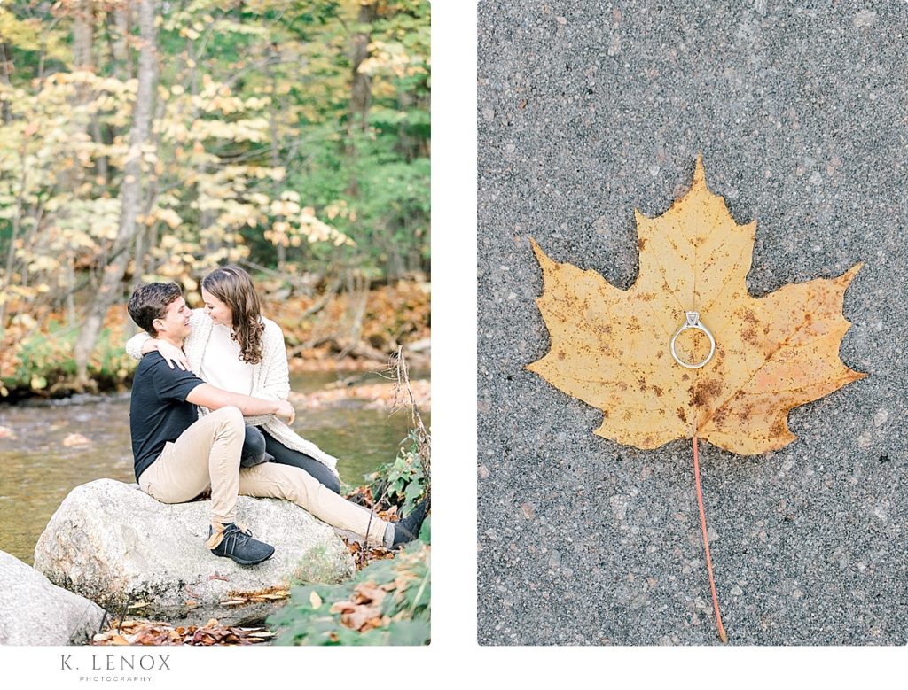 Man and Woman sit streamside in the fall- and a maple leaf with a White Gold Diamond solitaire ring