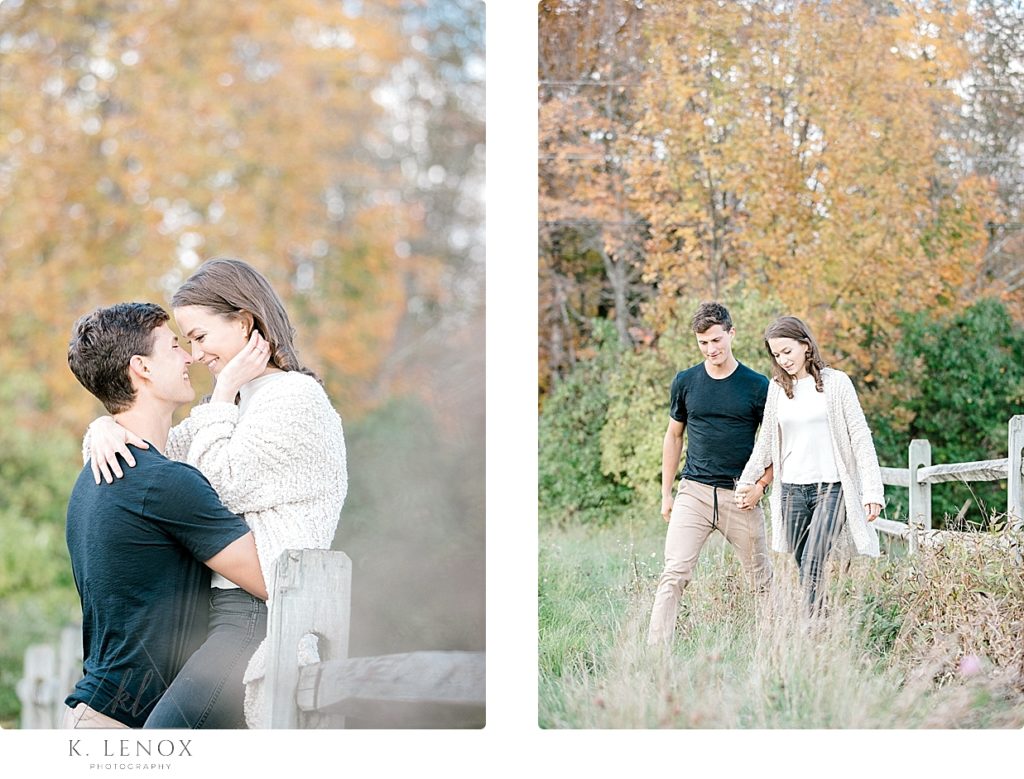 Light and Airy Engagement Photos in the White Mountains of NH in the Fall of a girl wearing a white sweater and a man wearing a black tee shirt. 
