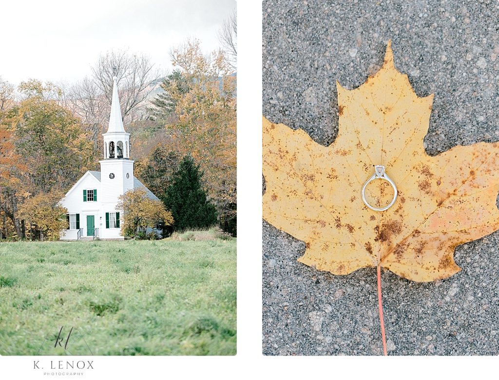 Cute Little White Church in Tamworth NH. Engagement Ring on a Maple Leaf. 