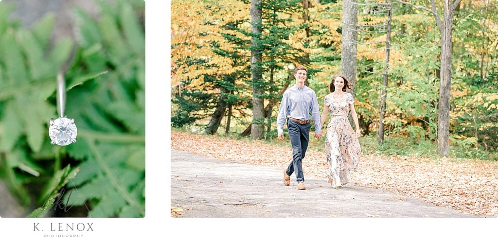 Light and Airy Engagement Photos in the White Mountains of NH- Man and Woman walk on a path holding hands. White gold engagement diamond ring. 