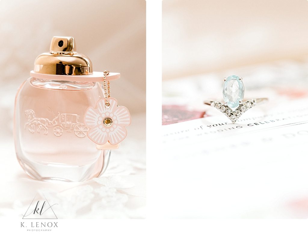 Coach Perfume photographed with a diamond and aquamarine ring. 
