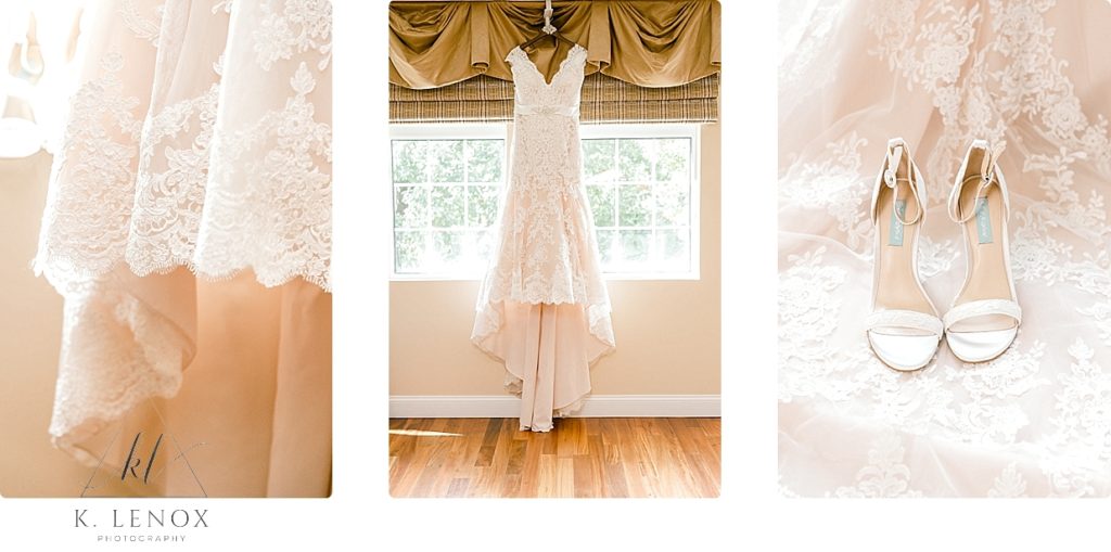 Lace wedding dress hanging in the window at the Riverside hotel in Chesterfield, NH- shown with strappy wedding shoes. 