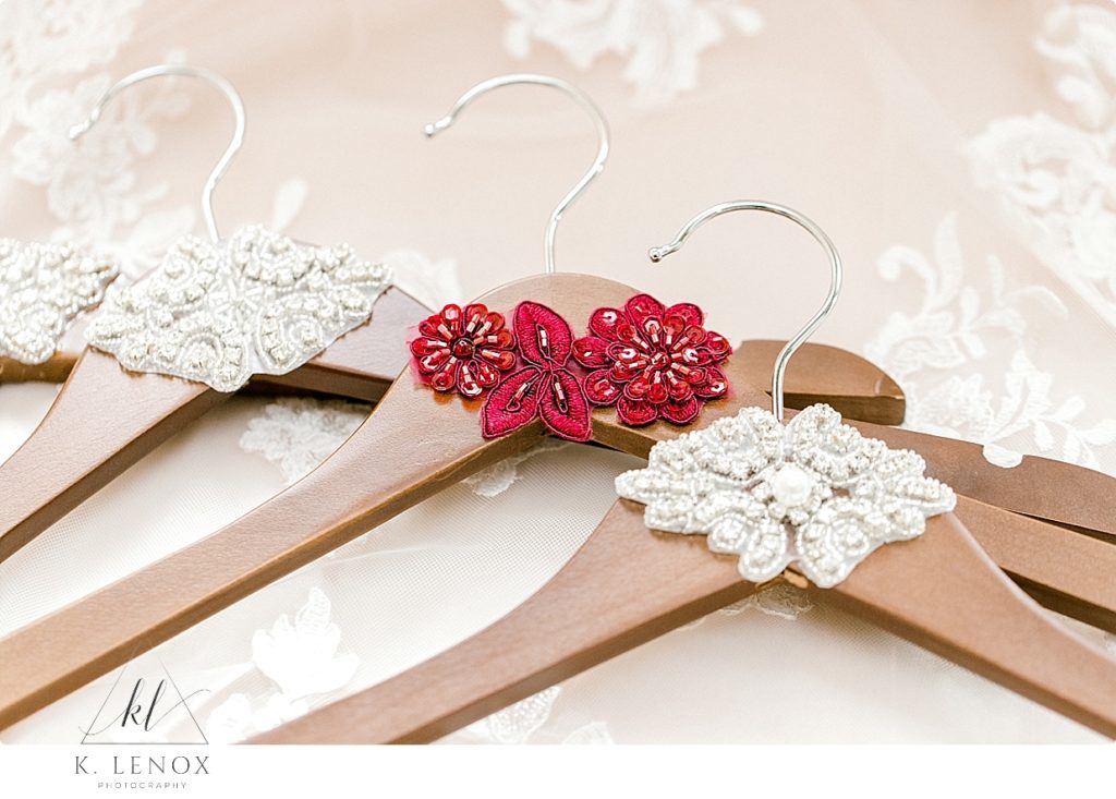 Decorated Wooden hangers used on a wedding day. 