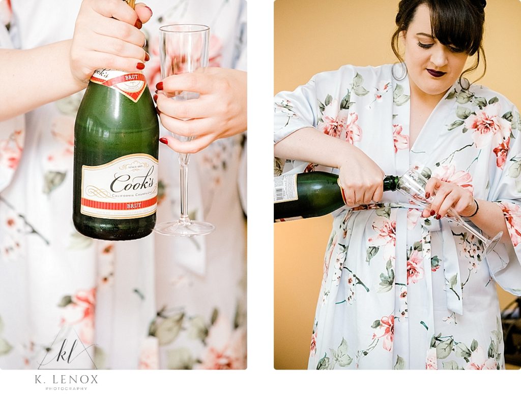 Bride pours Cook's Champagne into the glass on her wedding day