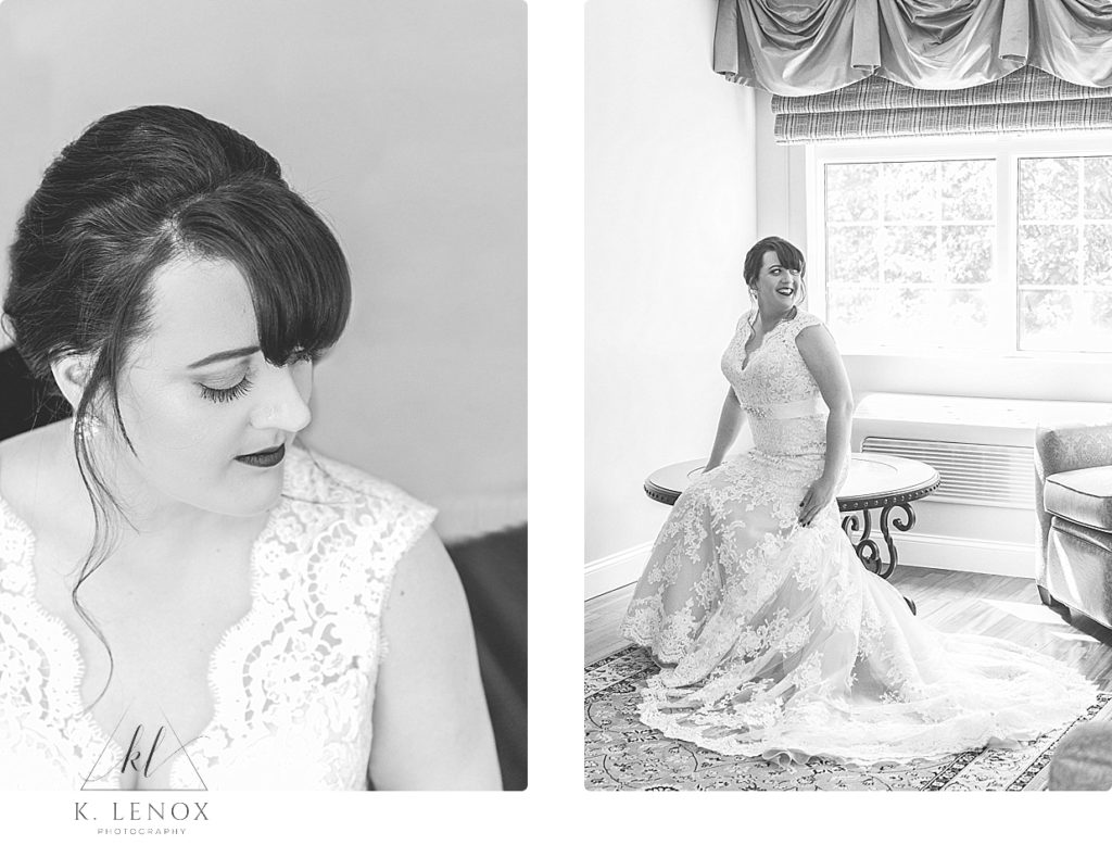 Black and White photo of a bride getting ready on her wedding day. She is in her lace wedding gown. 