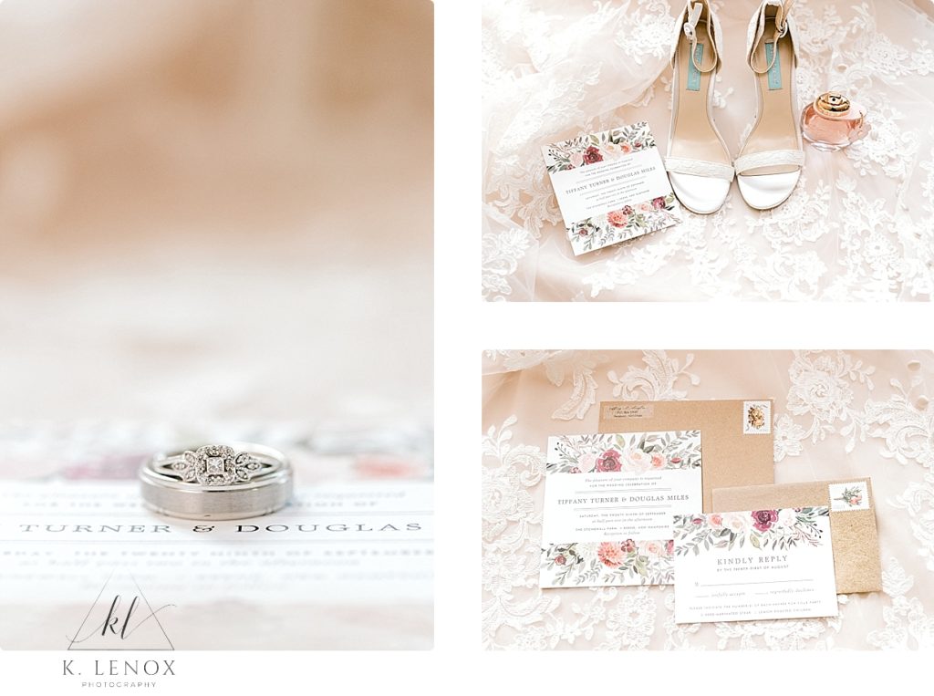 Detail photos of bridal details. Shoes, Invitations and wedding rings. 