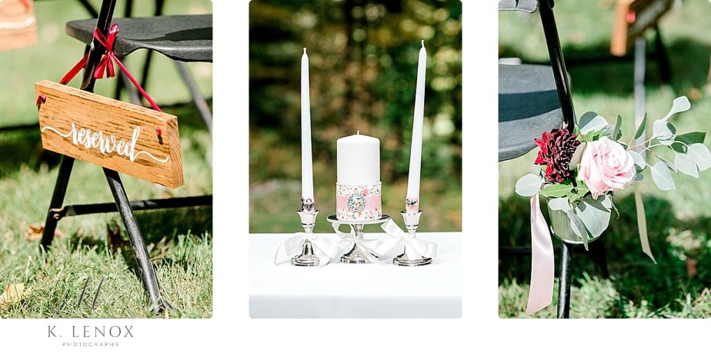 Wedding Ceremony details showing a wooden reserved sign, white unity candle and a light pink rose floral decor. 
