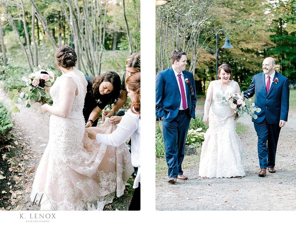 The Bride gets her dress bustled by the staff at Memorable Events in Westmoreland NH> 