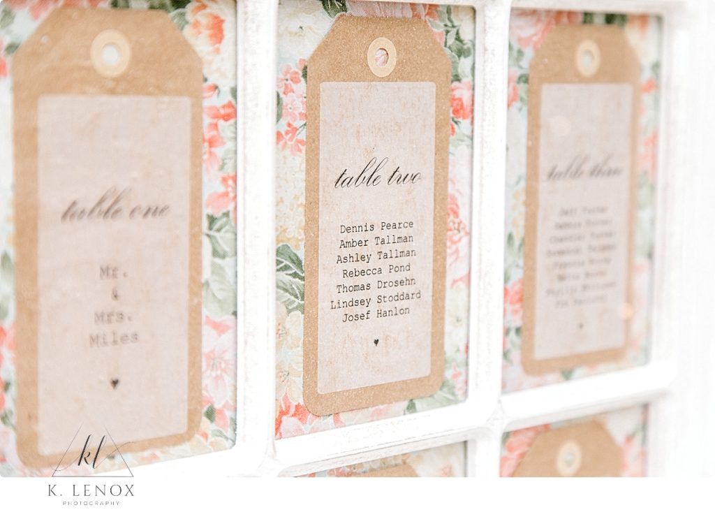 Rustic Seating chart for an intimate Rustic Wedding at Stonewall Farm. 