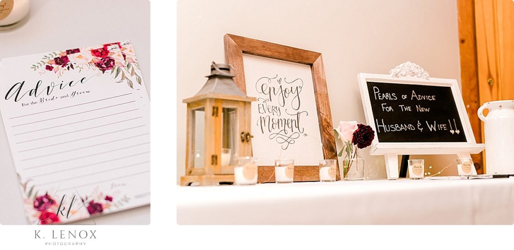 Wedding Reception Details showing wooden signs. 
