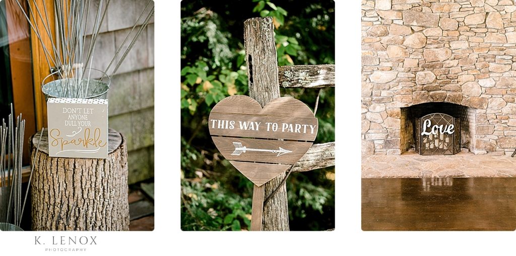 Rustic Chic Wedding decor showing wooden signs. 