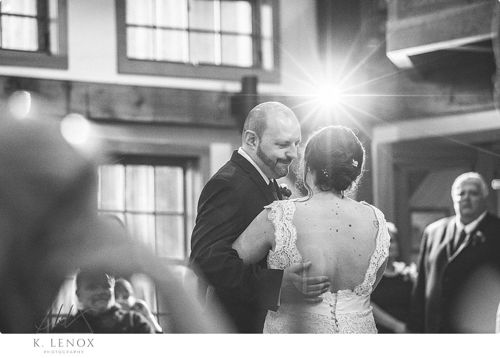 Black and White photo of a Bride and Groom's first dance at Stonewall Farm. 