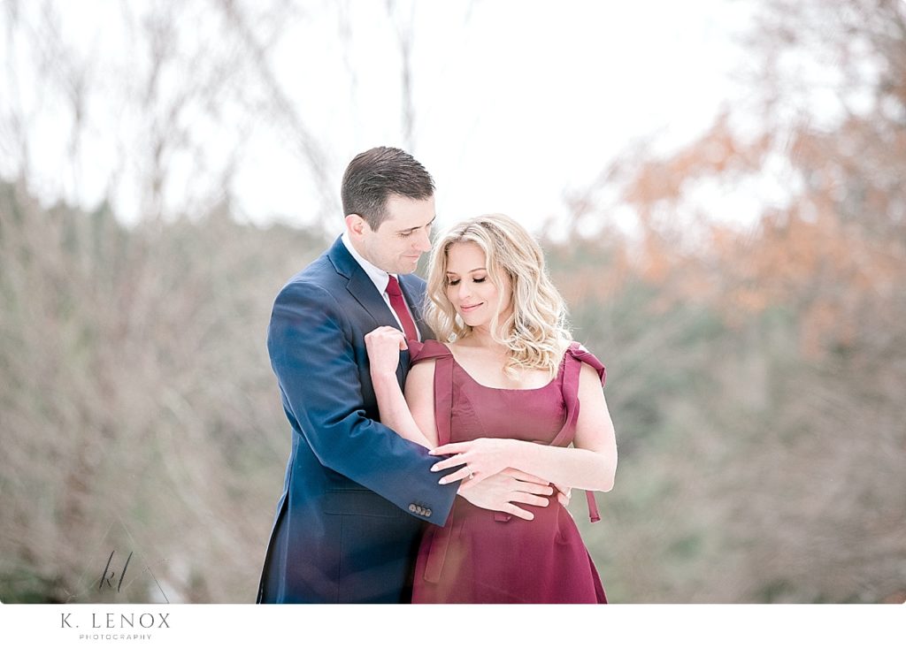 Dress: Christian Siriano Blue Suite: Ted Baker- Light and airy engagement photo taken at Stonewall Farm in Keene NH. 