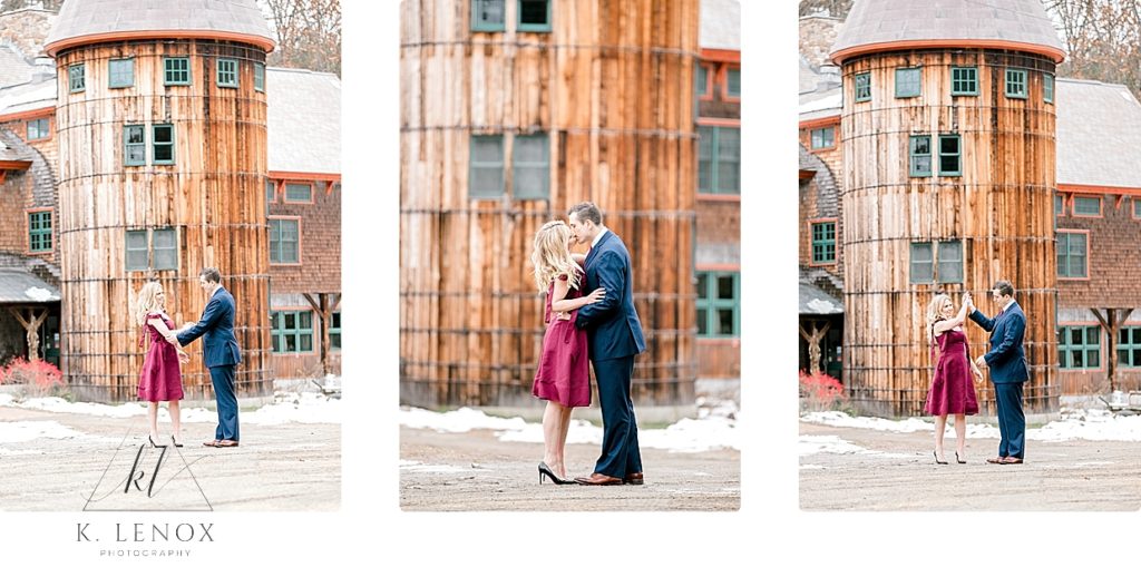 Series of photos taken during an Light & Airy Winter Engagement Session at Stonewall Farm- showing the silo. 