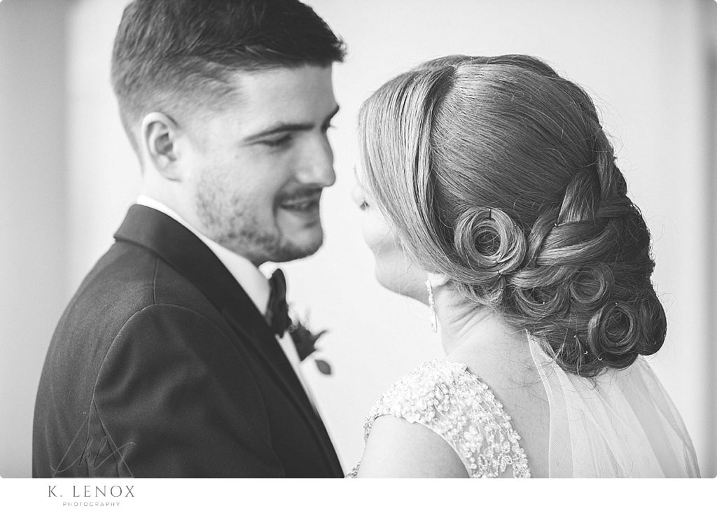 Black and White photo of a bride and groom on their wedding day. 