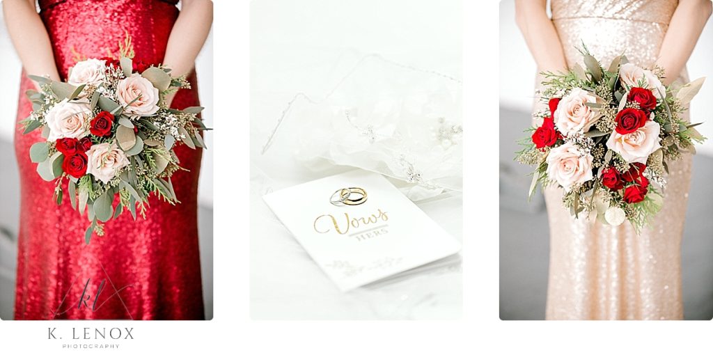 Detail photos from a Christmas Wedding showing bridesmaids bouquets, a white vows book shown with wedding rings. 